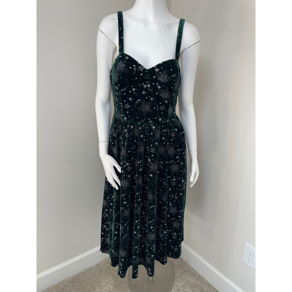 ModCloth x Collectif Green Velvet Celestial Starburst Midi Dress Pockets US 8